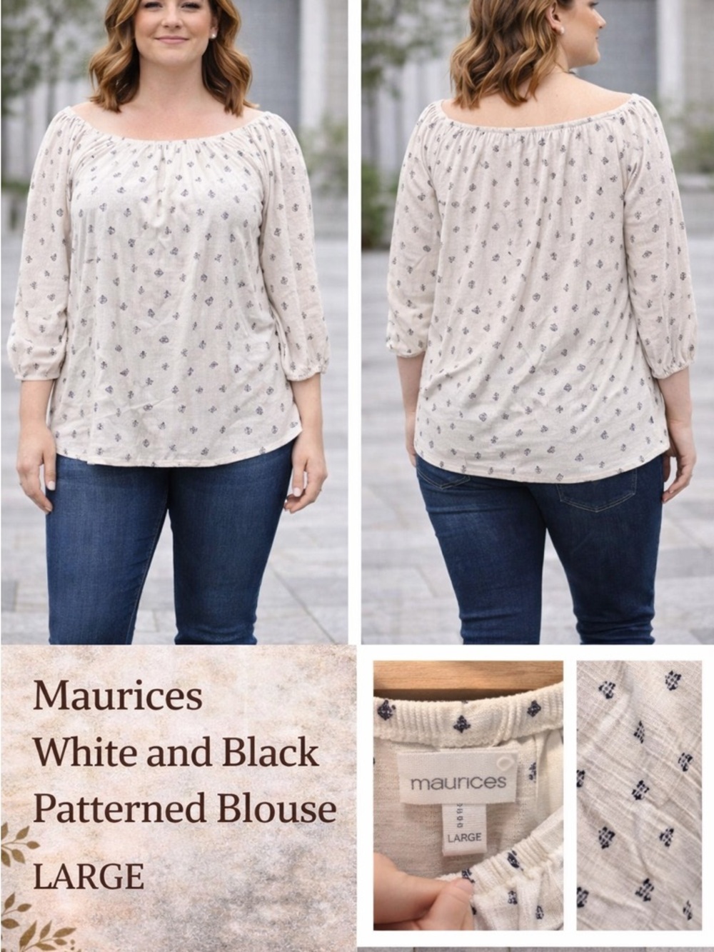 Maurices White and Black Patterned Blouse LARGE